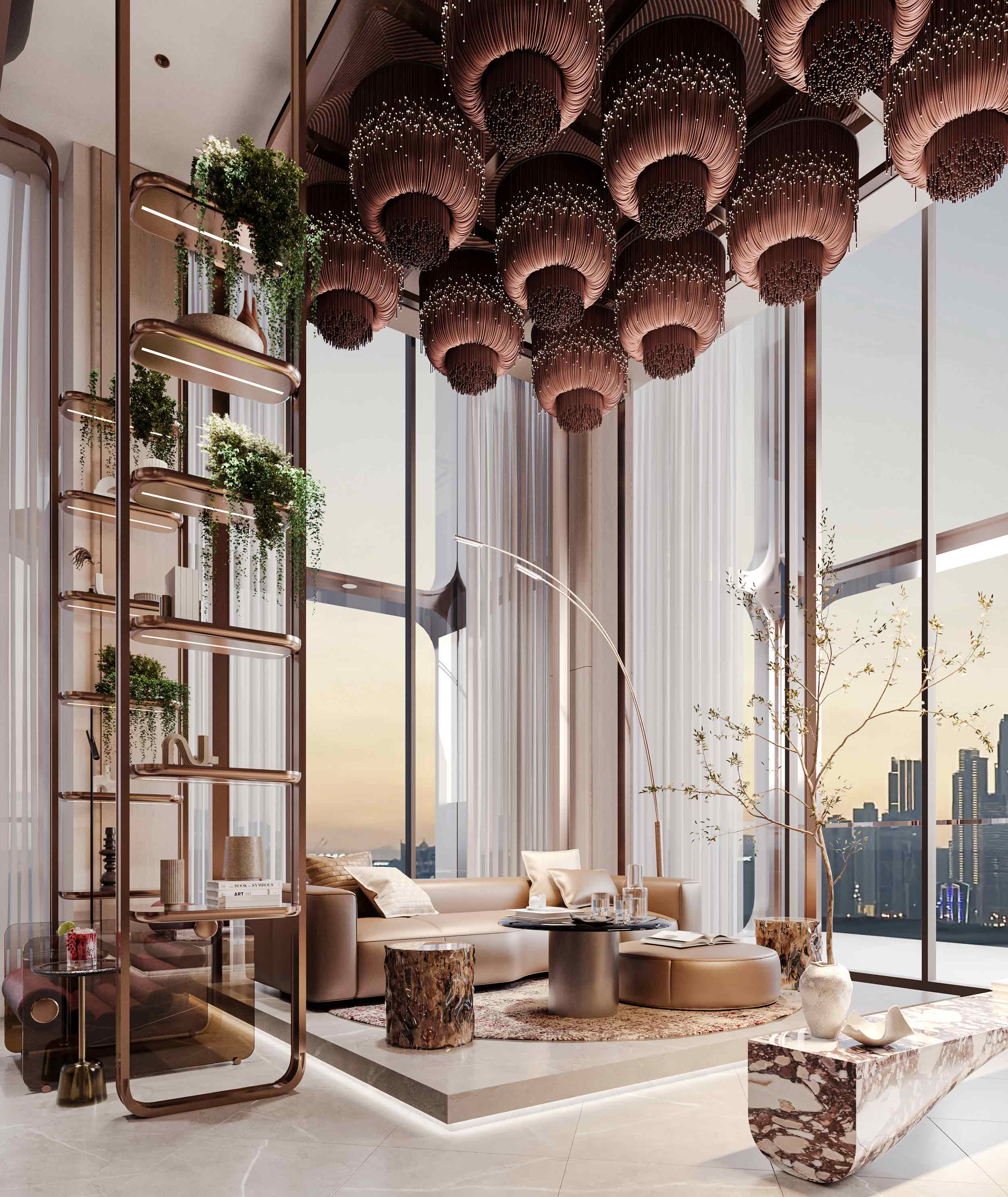 The Symphony By Imtiaz Luxurious modern living room with unique lighting, stylish furniture, and large windows showcasing a city view.